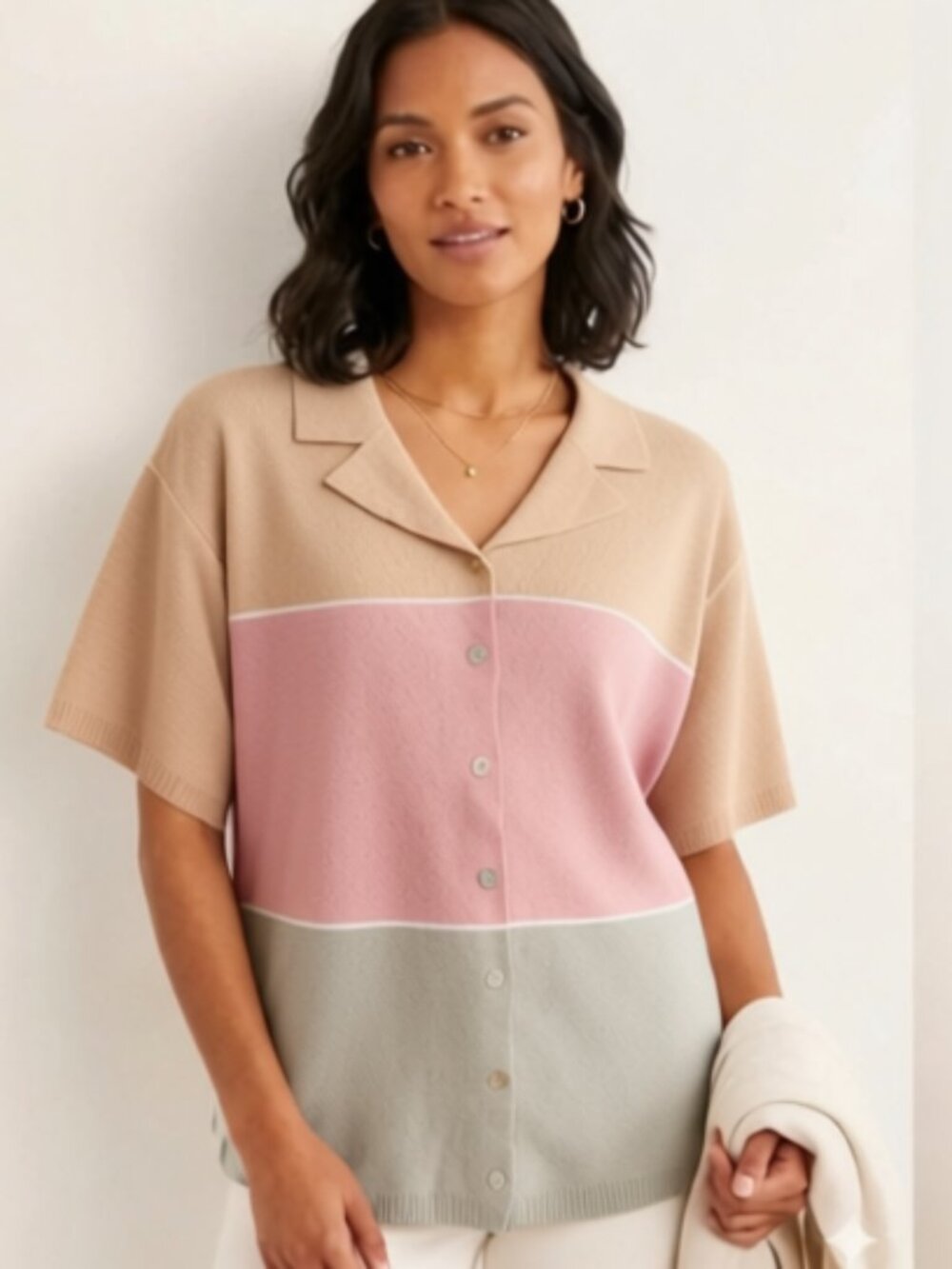 Brownstone Studio women plus size 1X short sleeve knit top 100% silk tan pink
